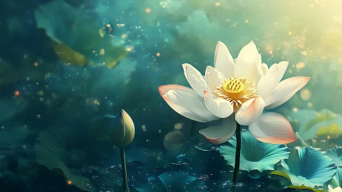 White lotus flower and bud over teal water surface.