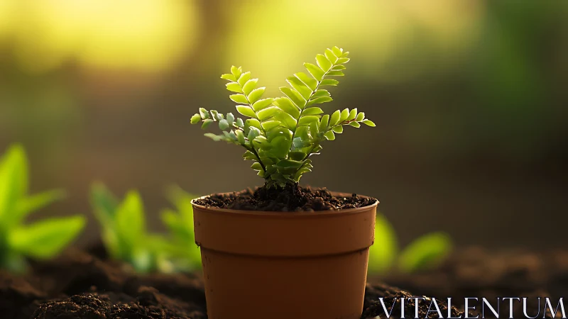 Potted fern seedling stands centered in shallow depth field