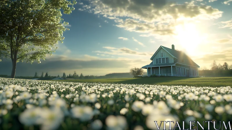 Sunlit country home resting in a peaceful flower meadow.