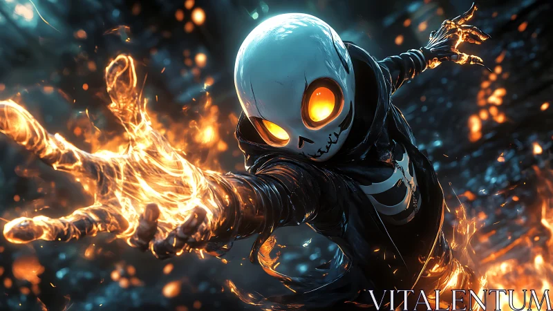 Flaming skeletal wraith unleashing volumetric inferno burst.