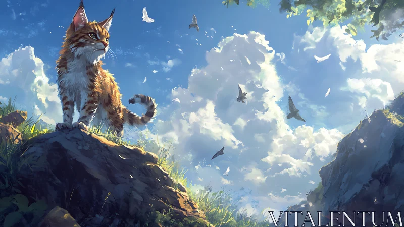 Majestic Lynx Surveying Sky Among Flying Birds.