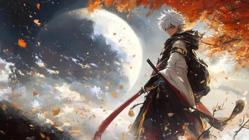 Moonlit wanderer cuts through burning autumn sky.