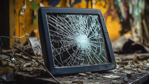 Broken CRT monitor with spiderweb cracks in abandoned room