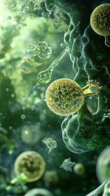 Microscopic green biofilm renders spherical cell clusters with depth