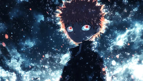 Starlit anime boy with glowing eyes in cosmic void.