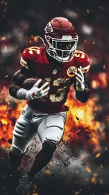 Fiery football runner charging forward with fearless energy.