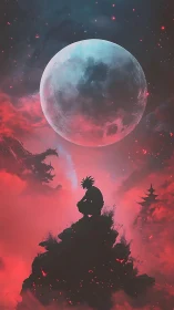 Lone warrior silhouette under colossal crimson moonrise.
