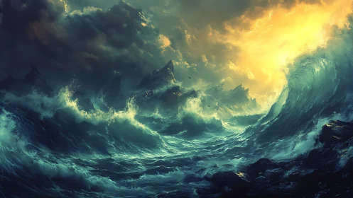 Storm-lit ocean waves crash toward jagged, shadowed cliffs