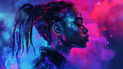 Neon-lit cyber portrait isolates profile in saturated magenta-blue haze