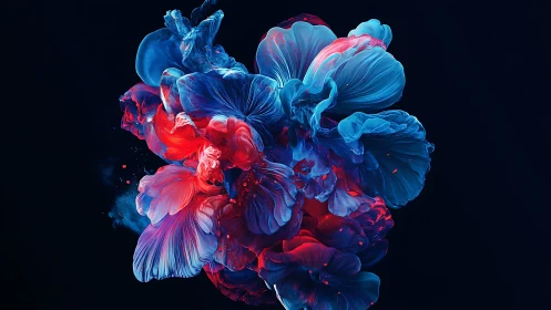 Glowing red and blue petals blooming in a midnight dream.