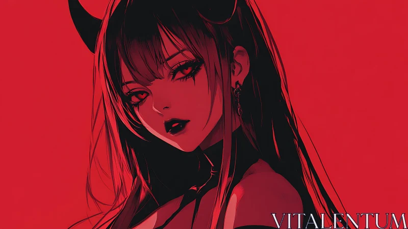 Crimson-lit demon girl portrait with intense red gaze.