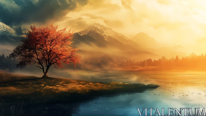 Solitary deciduous tree stands beside reflective mountain lake