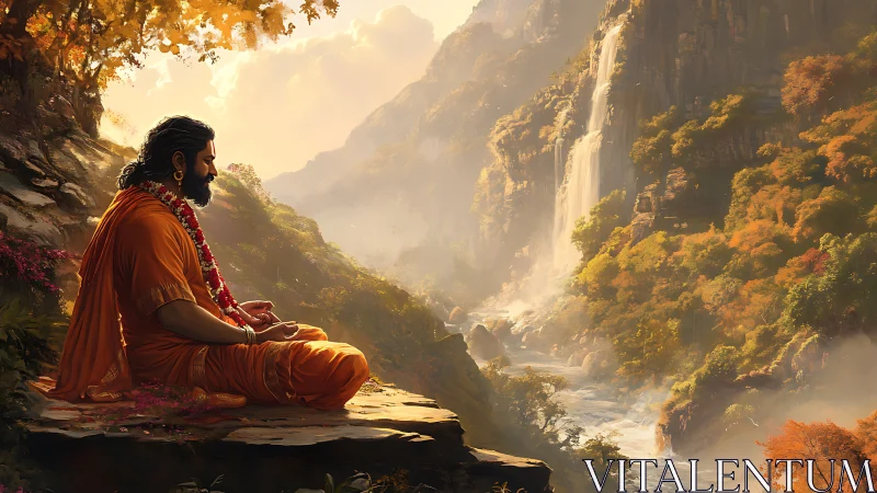 Seated robed figure in profile observes misted river valley