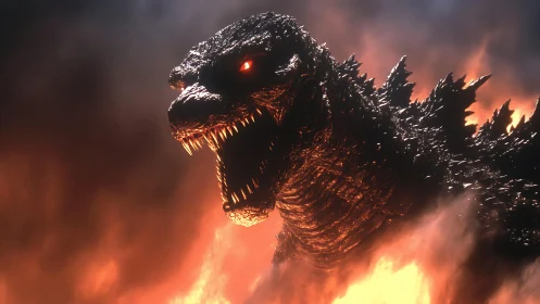 Giant reptilian creature rendered in firelit digital scene.