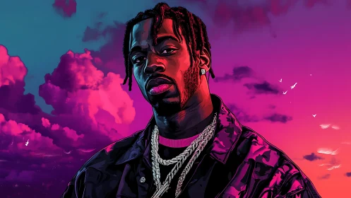 Digital portrait of man in chains against vivid sunset sky.