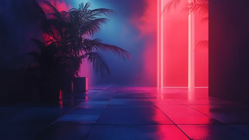 Neon palms beside glowing portal in moody vapor corridor.