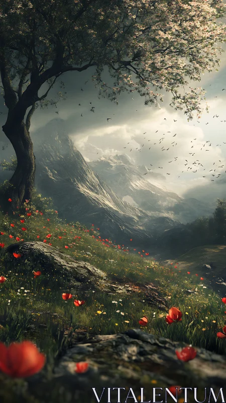 Mountain meadow under storm-lit sky with flowering tree and birds