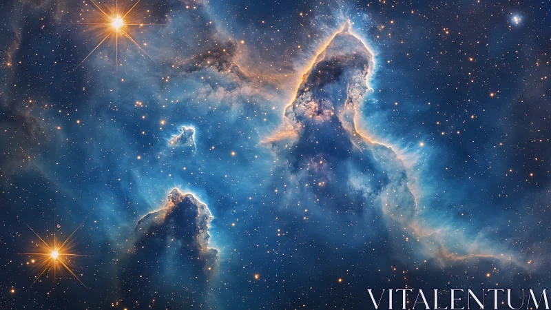 Bright nebula clouds and star field in deep blue space.