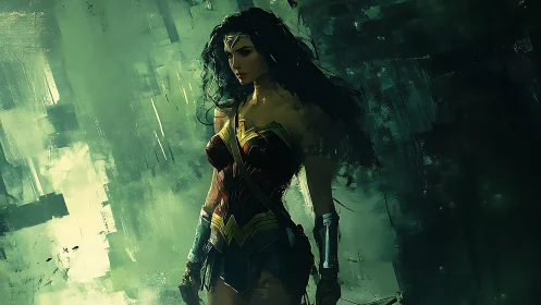 Warrior heroine stands poised in moody teal abstraction.