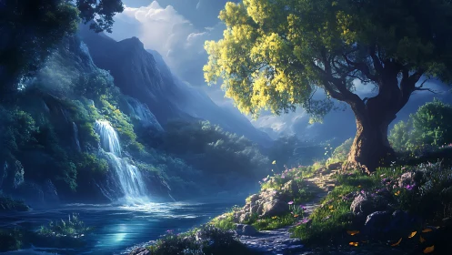 Sunlit forest path welcomes you beside a serene waterfall