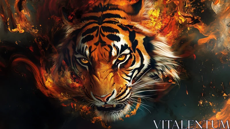Tiger head is rendered amid swirling flame-like forms