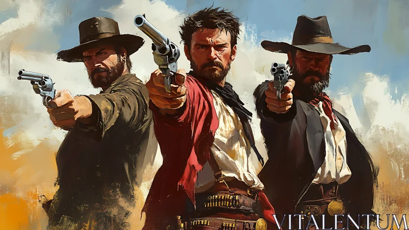 Three armed cowboys aiming revolvers in tense standoff.