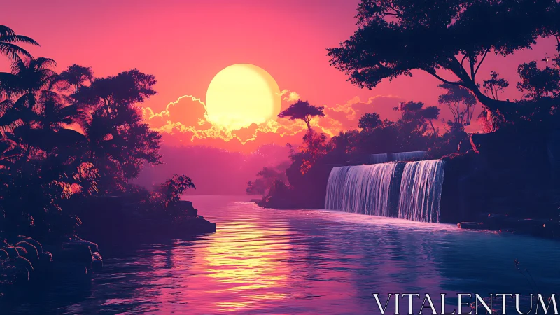 Sunset waterfall lagoon glowing in lush tropical color.