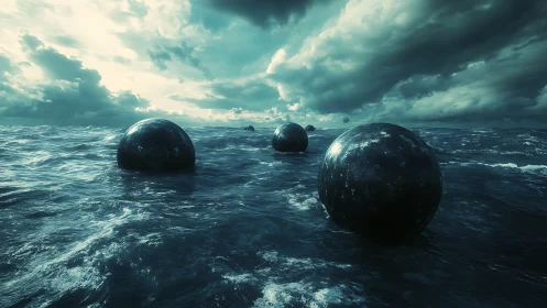 Dark alien orbs drift across a storm-tossed teal ocean