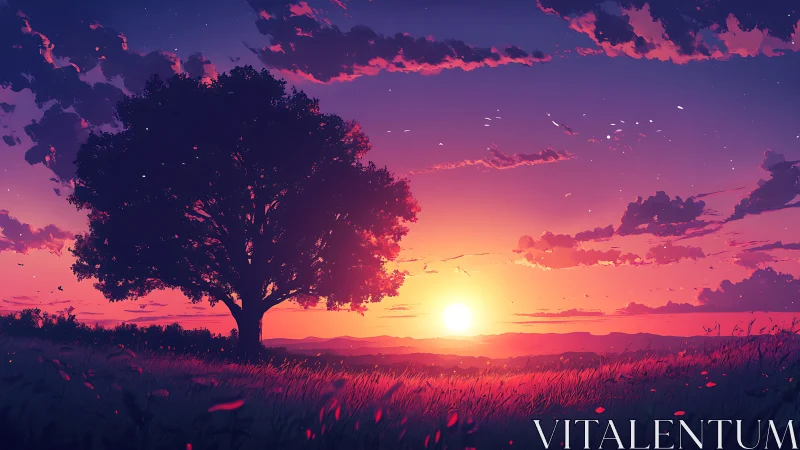 Solitary tree silhouettes against vivid digital sunset sky