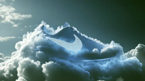 Floating mesh sneaker rendered in luminous cloud environment.
