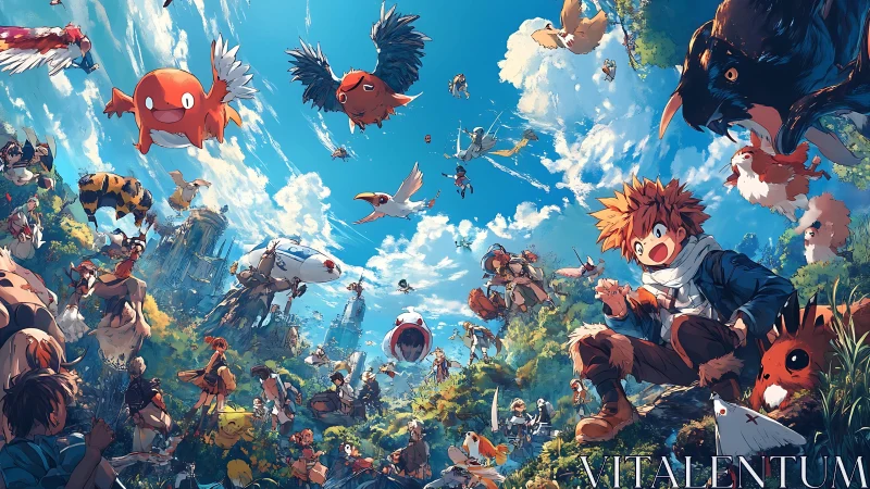 Skyward creature carnival around a wide-eyed wanderer.