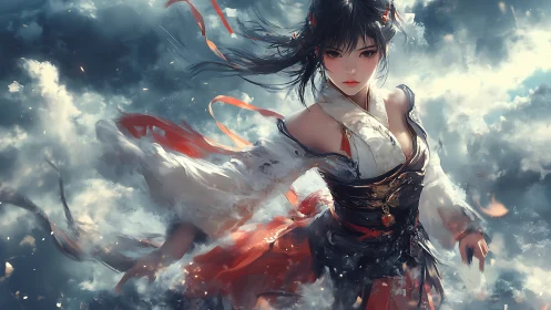 Warrior woman in flowing robes against dramatic sky.