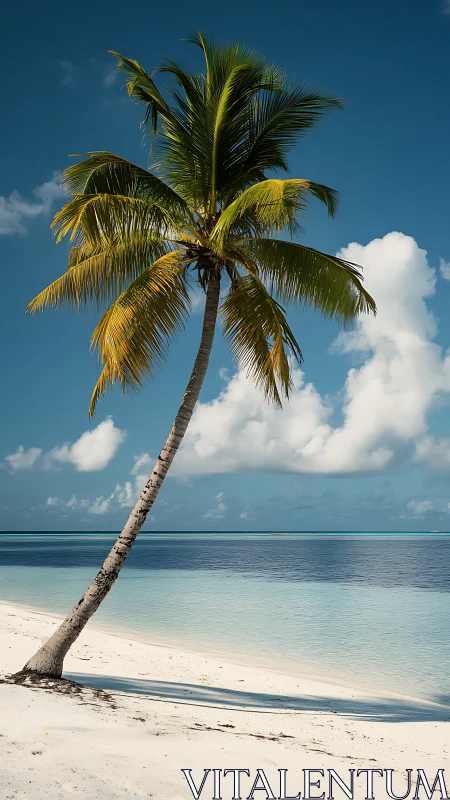 Leaning Palm Tree on Tropical Beach with Clear Water