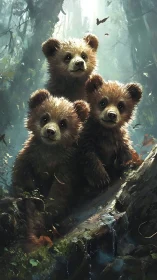 Curious bear cub trio explores a sunlit forest hollow