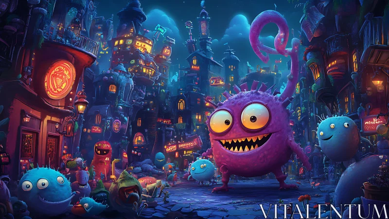 Purple spiky monster walks through crowded neon monster city