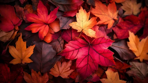Autumn maple leaves in layered red, orange, and yellow tones.