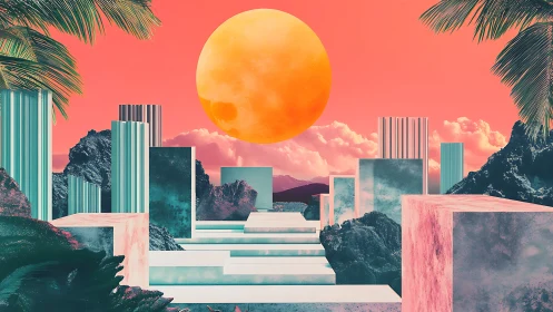 Neon sun hovers over surreal pastel temple of columns and palms.