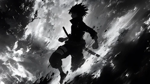 Silhouetted anime warrior strides through swirling monochrome void