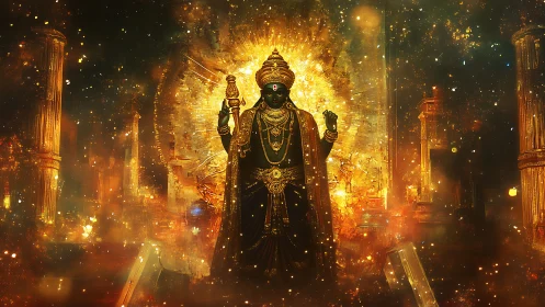 Radiant Hindu deity stands amid blazing cosmic golden aura.