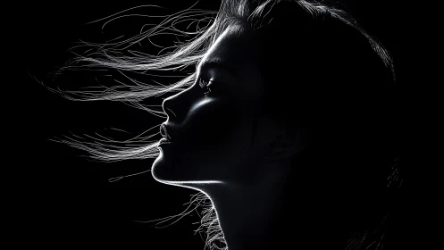 Side profile silhouette of woman with backlit flowing hair.