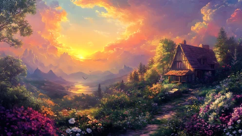 Sunlit cottage dreaming over a riot of mountain wildflowers.