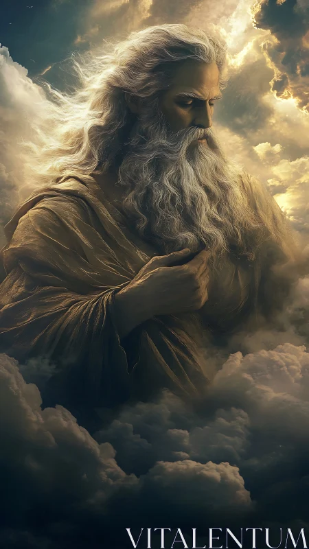 Celestial patriarchal figure emerging from stormlit cumulus