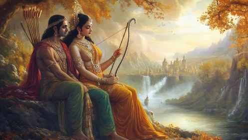 Divine couple overlooking mythic waterfalls and citadel.