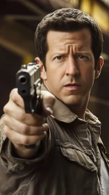 Man in jacket aiming handgun directly toward camera