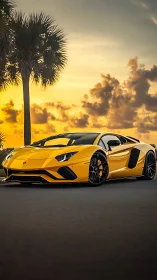 Golden supercar glows against a laid-back sunset sky.