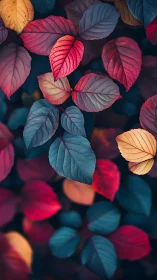 Colorful leaves display vivid red, blue, and yellow tones