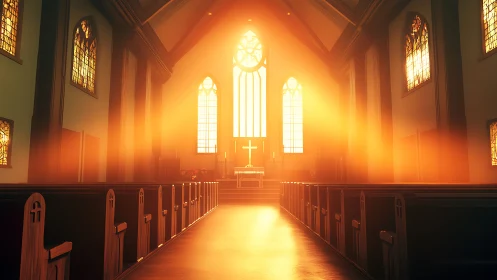 Sunlit sanctuary aisle washed in molten morning gold.