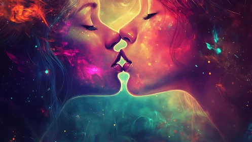 Luminescent Kiss: Neon Digital Portrait with Ethereal Energy Flow.