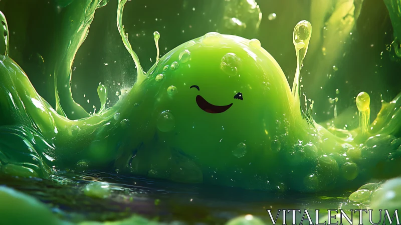 Smiling green slime creature erupts amid glowing liquid splash