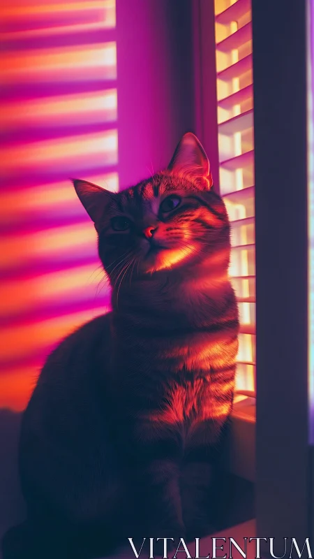 Tabby cat in vivid sunset light through window blinds.